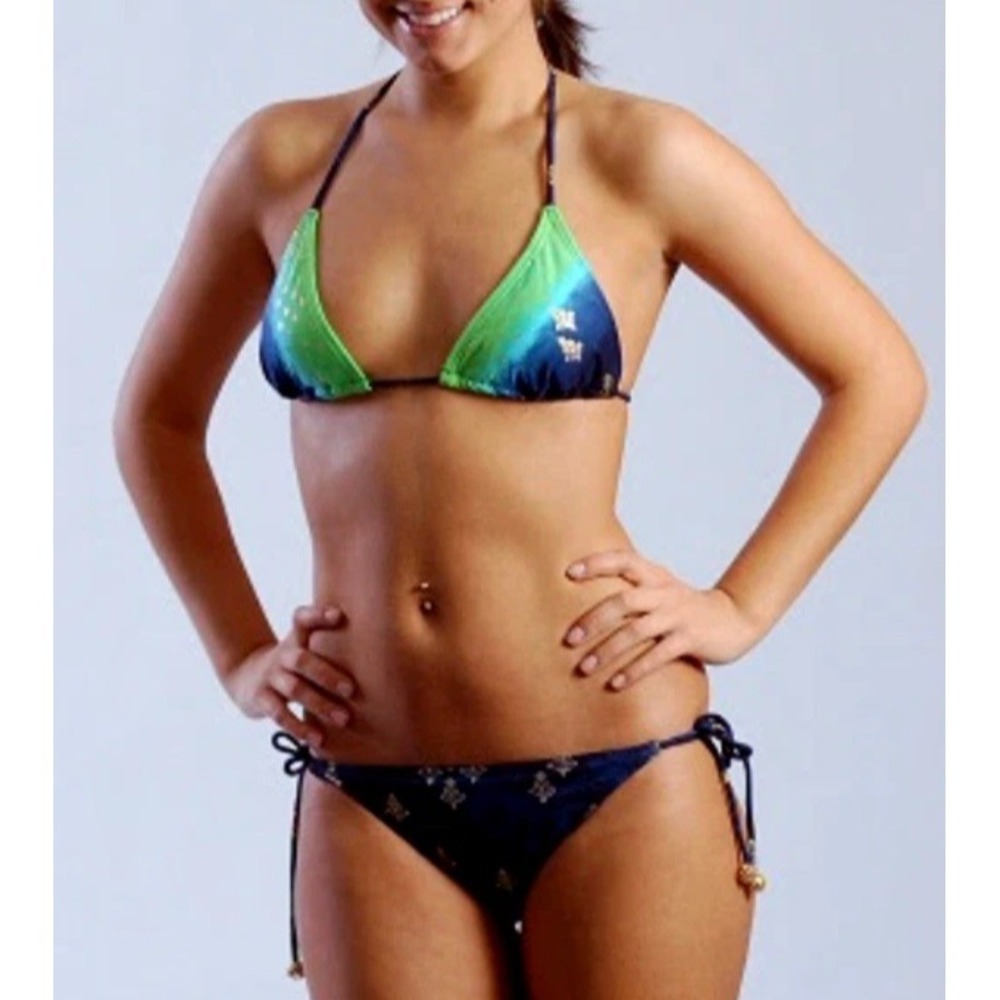 Y2K Juicy Couture Medium Top Small Bum Tie Dye Metallic Bikini Swimsuit